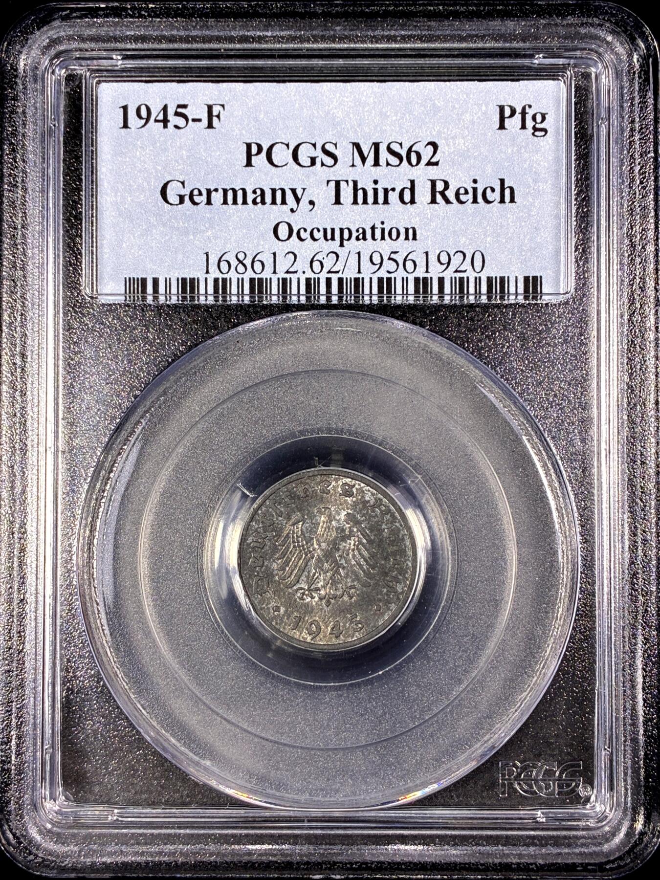 【雨安】【直播拍卖】【第0126期-评级币章】2026-03-07 周六 19:30 (金价1176, 银价22.16) [评级德国] Germany 德国 第三帝国 1芬尼 1945年  PCGS-MS62