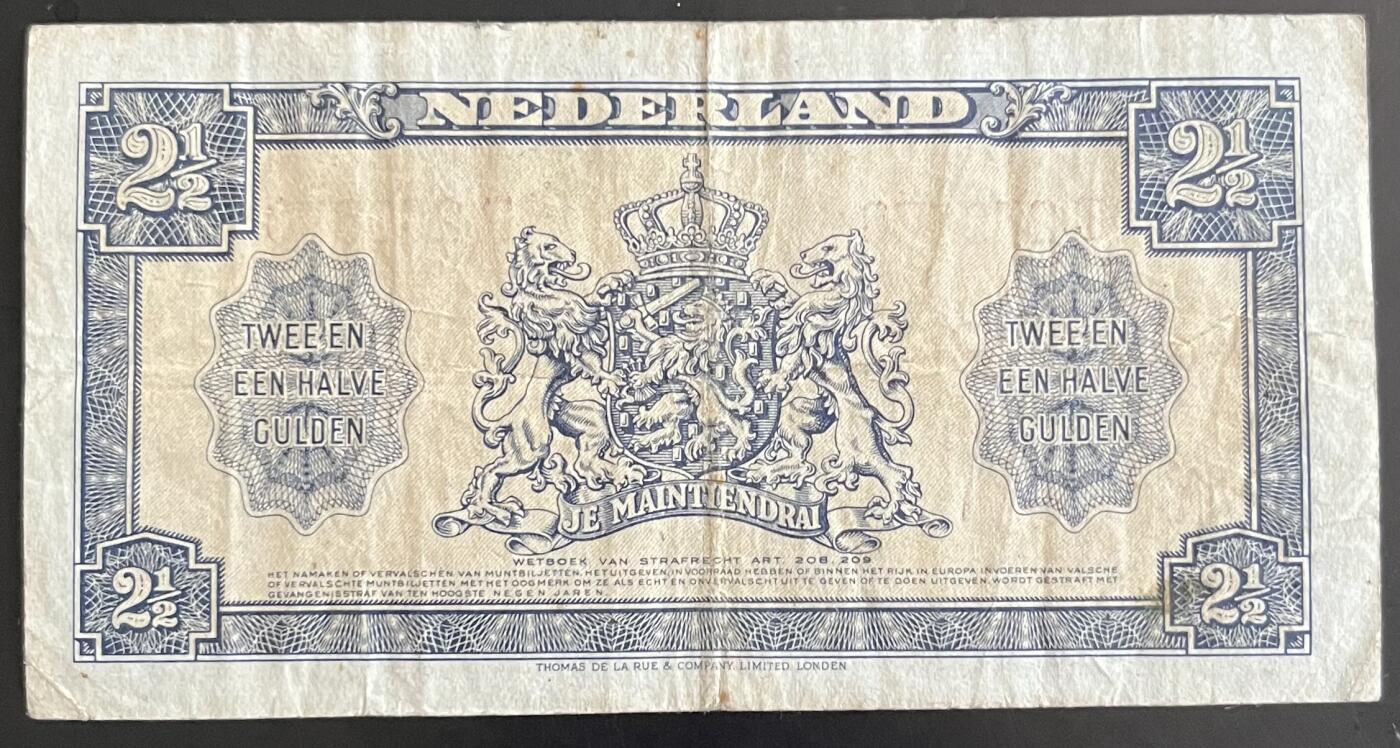 小福收藏拍卖第202期 流通品相裸钞 特惠场 本场全部为欧洲纸币【佣金仅收2% 不设最低佣金 全场包邮】 荷兰 1945年 2又1/2盾