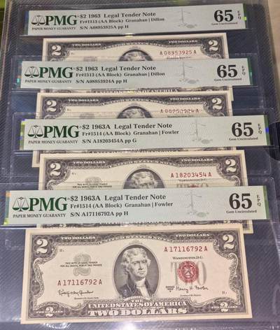 Gem Unc 美国纸币 1963年-63A 2美元纸币 Pmg 65E - Gem Unc 美国纸币 1963年-63A 2美元纸币 Pmg 65E