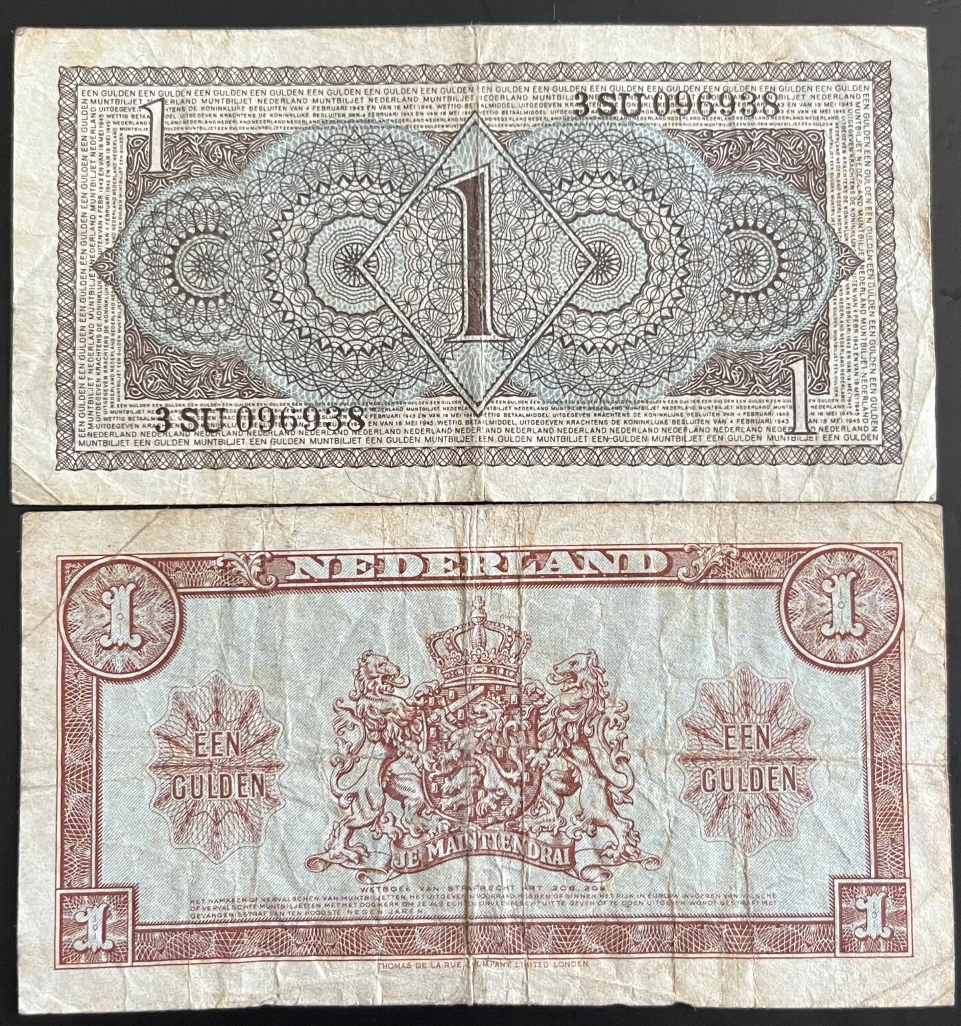 小福收藏拍卖第202期 流通品相裸钞 特惠场 本场全部为欧洲纸币【佣金仅收2% 不设最低佣金 全场包邮】 荷兰 1945年 1盾 1组2张