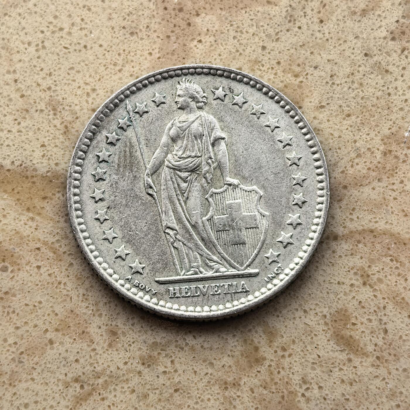 道一币馆币章第一百六十八场 瑞士1963年雪山女神2法郎银币  10g 835s