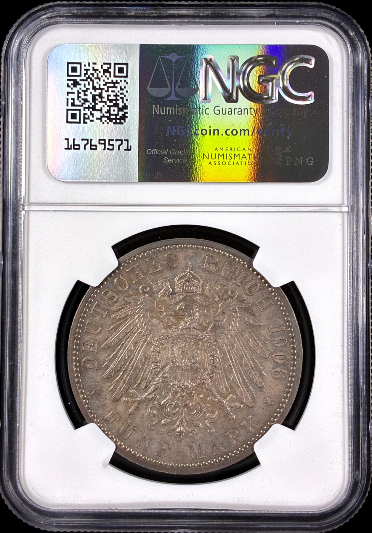 【雨安】【直播拍卖】【第0126期-评级币章】2026-03-07 周六 19:30 (金价1176, 银价22.16) [评级德国] Germany 德国 帝国 J.035 巴登 5马克 (1906) 金婚 1906年  NGC-MS63