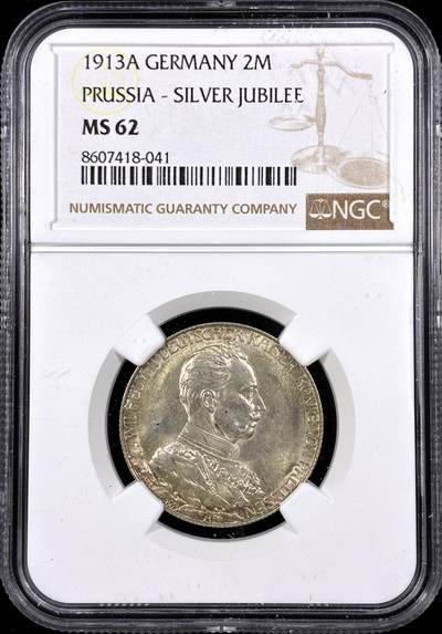 【雨安】【直播拍卖】【第0126期-评级币章】2026-03-07 周六 19:30 (金价1176, 银价22.16) - [评级德国] Germany 德国 帝国 J.111 普鲁士 2马克 (1913) 军装花枝 1913年  NGC-MS62