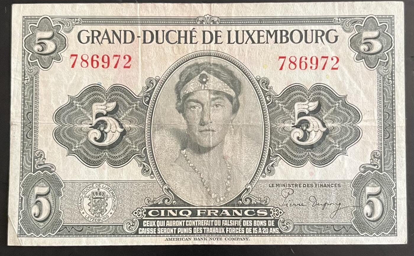 小福收藏拍卖第202期 流通品相裸钞 特惠场 本场全部为欧洲纸币【佣金仅收2% 不设最低佣金 全场包邮】 卢森堡 1944年 5法郎