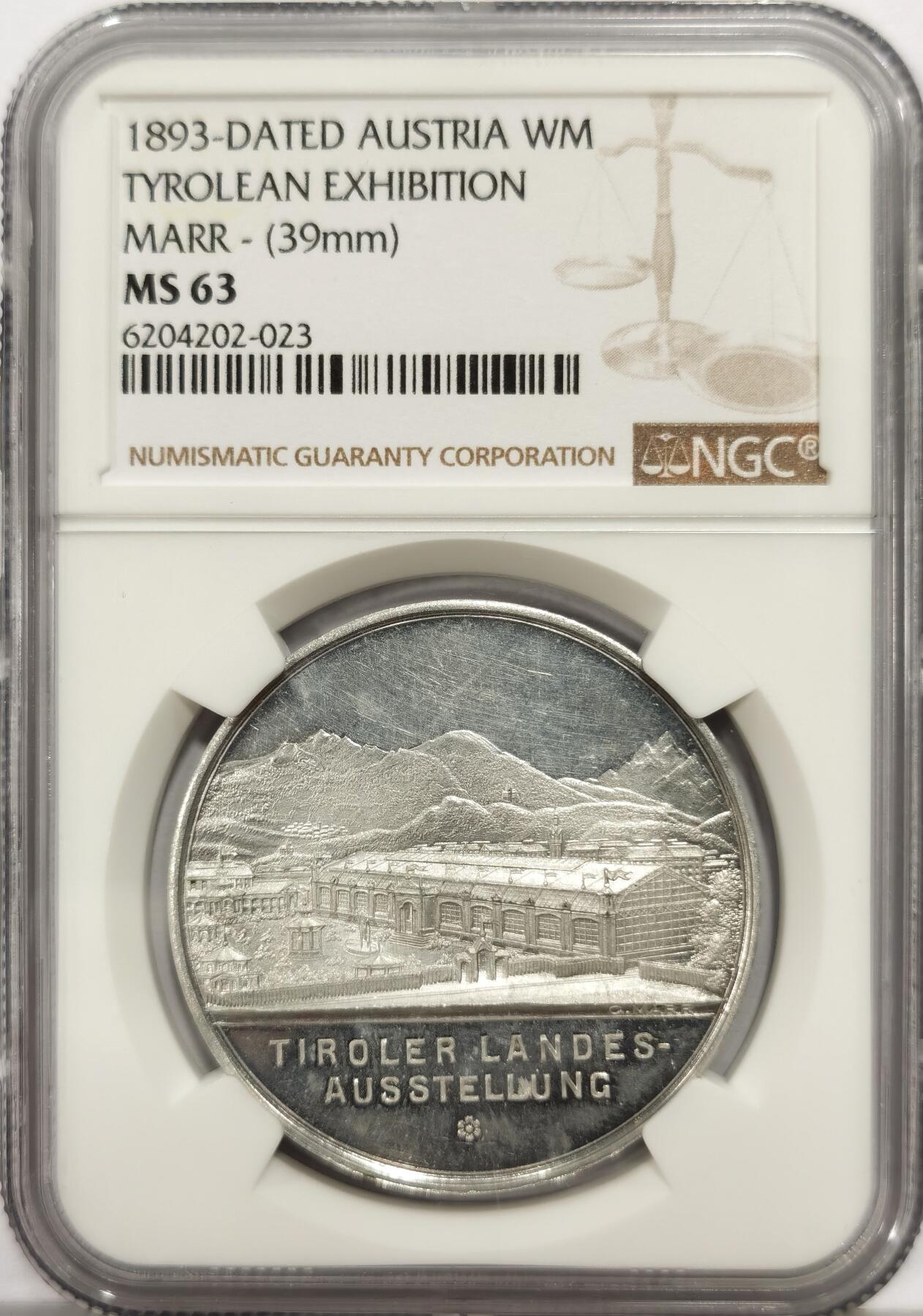 博洋堂世界钱币拍卖第163期（全场包邮） NGC MS63 奥地利1893年蒂罗尔世博会纪念景观铝章，唯一冠军分，铝章稀少