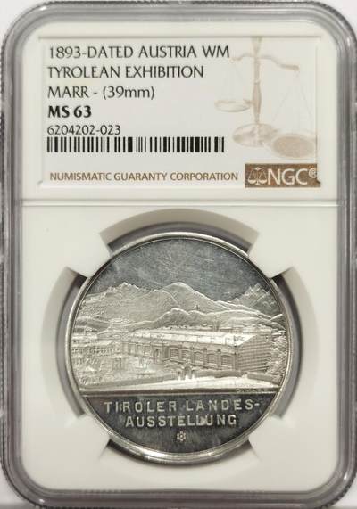 博洋堂世界钱币拍卖第163期（全场包邮） - NGC MS63 奥地利1893年蒂罗尔世博会纪念景观铝章，唯一冠军分，铝章稀少