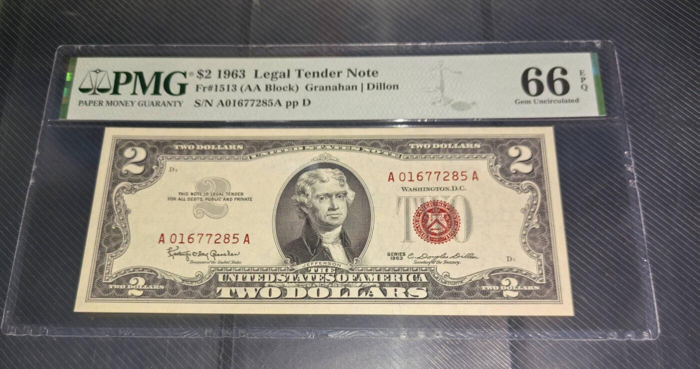 Gem Unc 美国纸币 1963年 2美元纸币 Pmg 66E