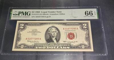 Gem Unc 美国纸币 1963年 2美元纸币 Pmg 66E - Gem Unc 美国纸币 1963年 2美元纸币 Pmg 66E