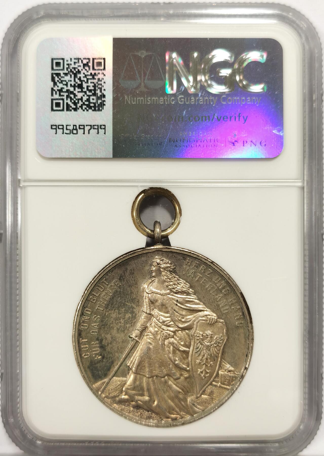 博洋堂世界钱币拍卖第163期（全场包邮） NGC MS62 德国威廉二世铜镀银奖章，背面经典日耳曼女神英勇大气，极为庄严