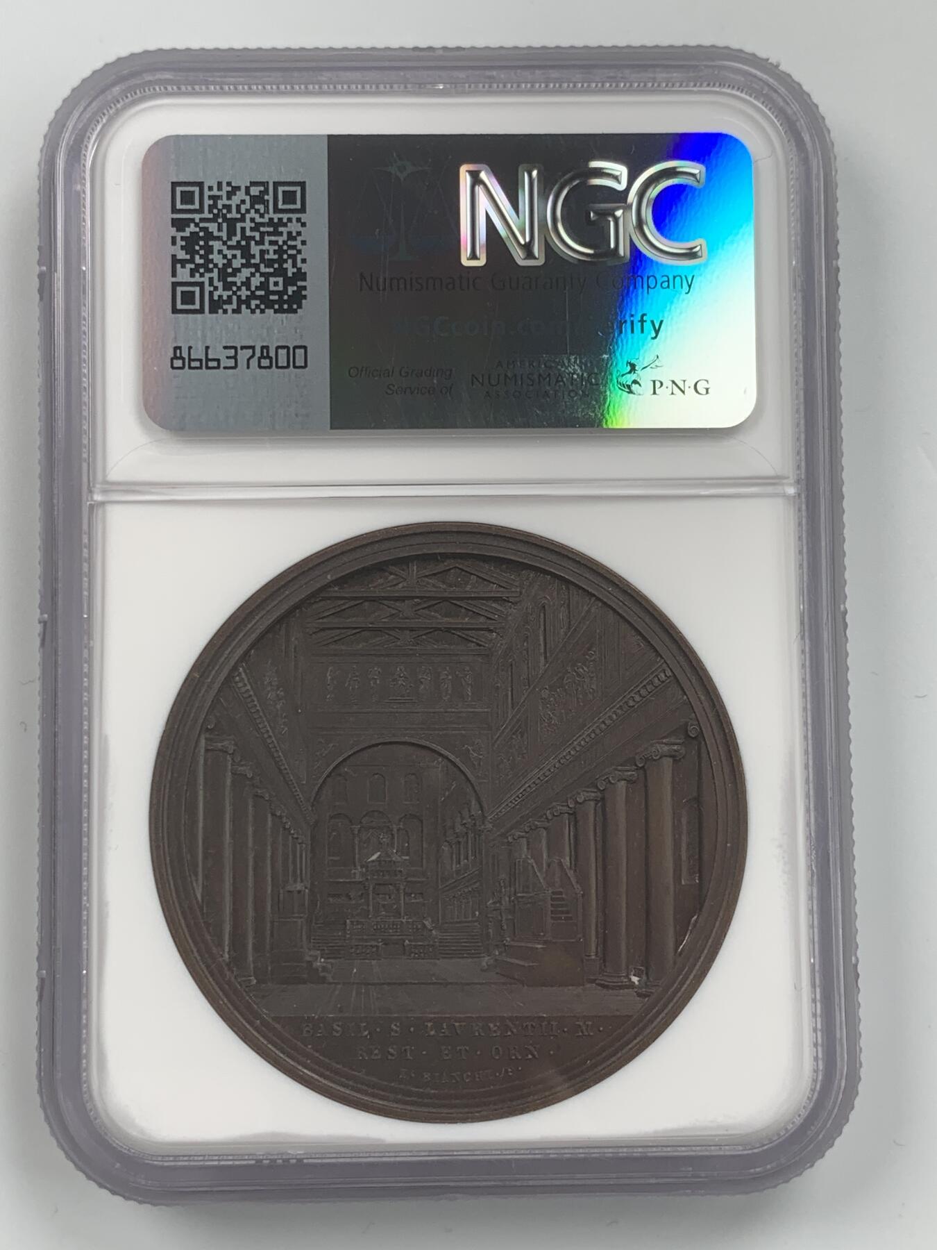 掌中浮雕-藏着的欧洲第053场 NGC MS64 : 1873年圣劳伦提乌斯教堂修复纪念铜章，教皇庇护九世（1846-1878年在位），44mm