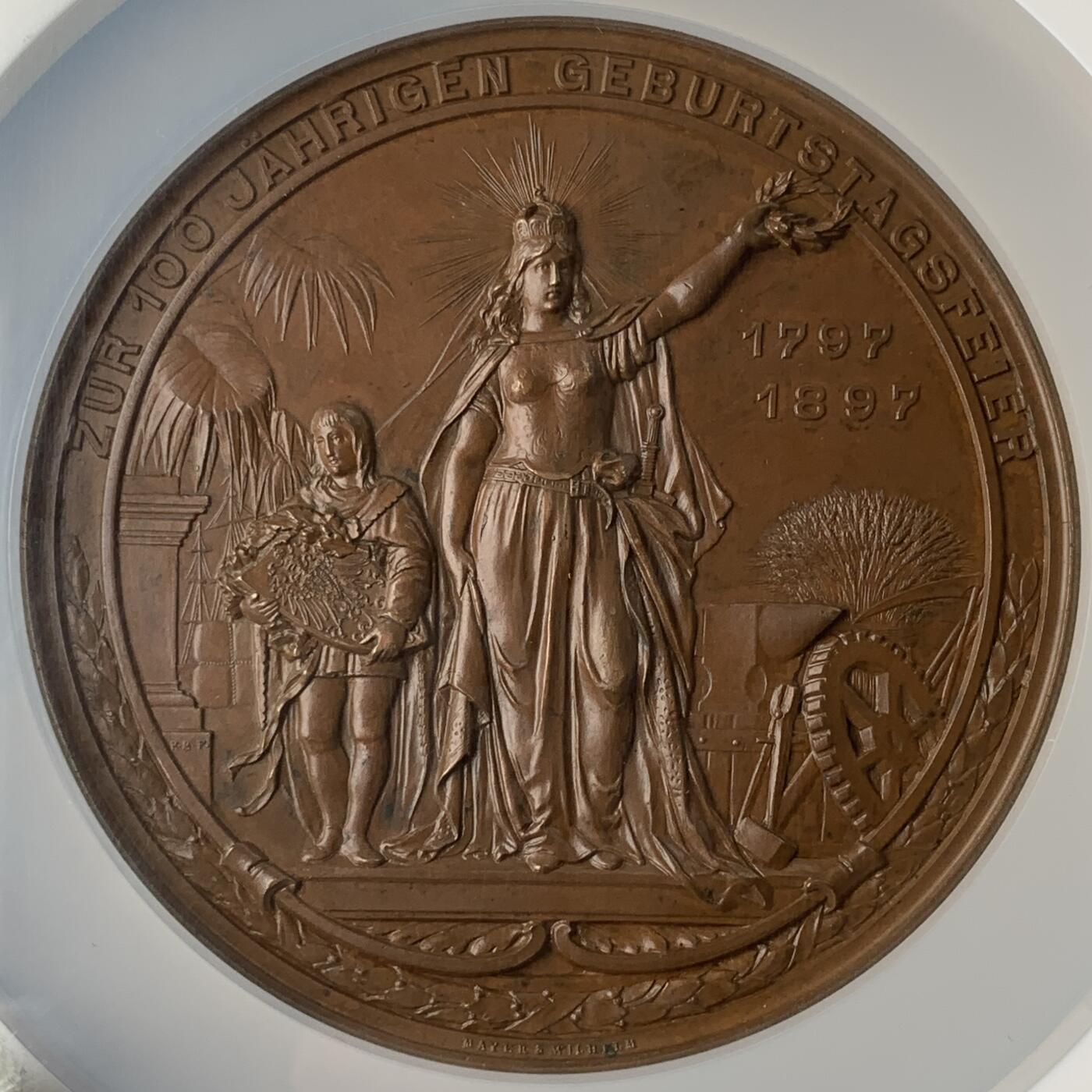 掌中浮雕-藏着的欧洲第053场 NGC UNC : 1897年德国普鲁士威廉一世百年纪念诞辰100周年纪念大铜章 , 75mm 