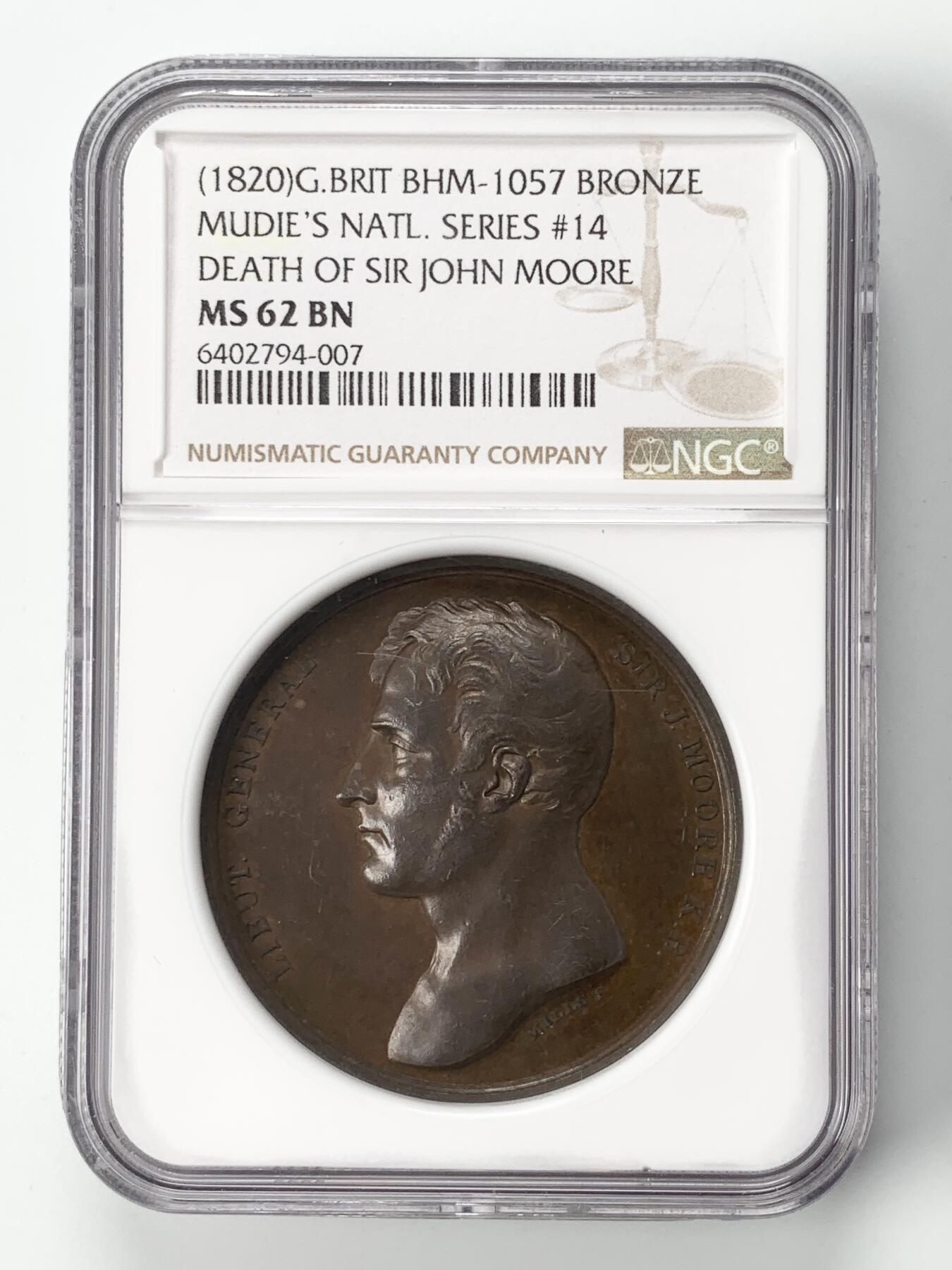 掌中浮雕-藏着的欧洲第053场 NGC MS62 : 1820英国约翰摩尔爵士纪念铜章, 41mm