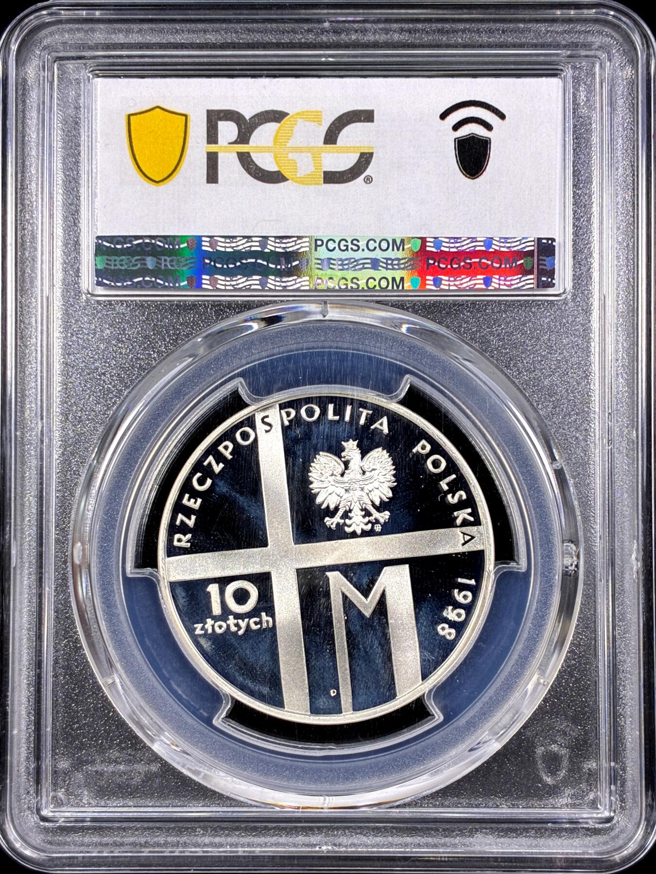 【雨安】【直播拍卖】【第0126期-评级币章】2026-03-07 周六 19:30 (金价1176, 银价22.16) [评级现代] Poland 波兰 10兹罗提 1998年 圣若望·保禄二世 [14.14克,  0.925银] PCGS-PR68DCAM 精制币