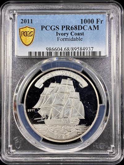 【雨安】【直播拍卖】【第0126期-评级币章】2026-03-07 周六 19:30 (金价1176, 银价22.16) - [评级现代] Ivory Coast 科特迪瓦 1000法郎 2011年 帆船 PCGS-PR68DCAM 精制币