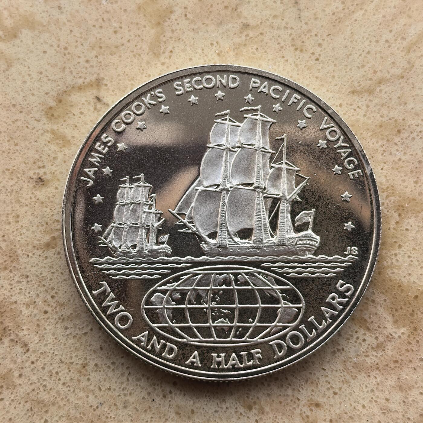 道一币馆币章第一百六十八场 库克岛1973年詹姆斯·库克船长的第二次太平洋航行200周年2.5元银币  27.35g 925s 12000