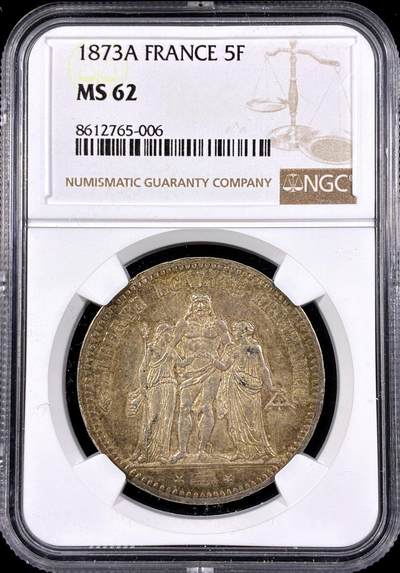 【雨安】【直播拍卖】【第0126期-评级币章】2026-03-07 周六 19:30 (金价1176, 银价22.16) - [评级法国] France 法国 5法郎 KM#0820 (1870-1889) 大力神 1873年  NGC-MS62