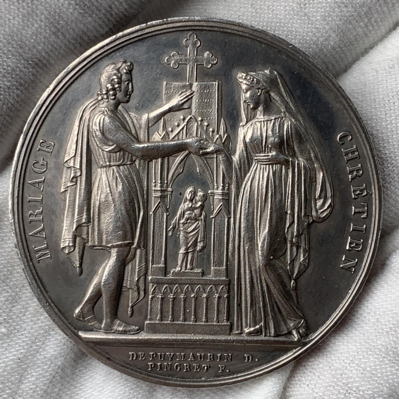 掌中浮雕-藏着的欧洲第053场 1839年法国古典银婚章，油灯边铭，41.5mm，32g