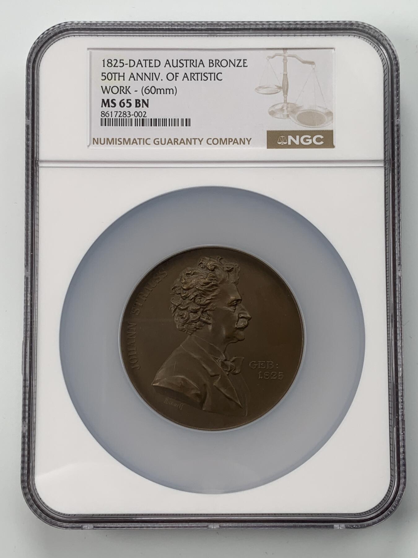 掌中浮雕-藏着的欧洲第053场 NGC MS65 : 1894年奥地利音乐家约翰施特劳斯铜章 , 60mm，安东沙夫作品