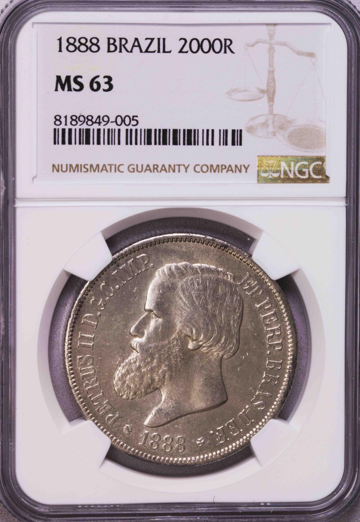 NGC-MS63 1888巴西帝国2000瑞斯大银