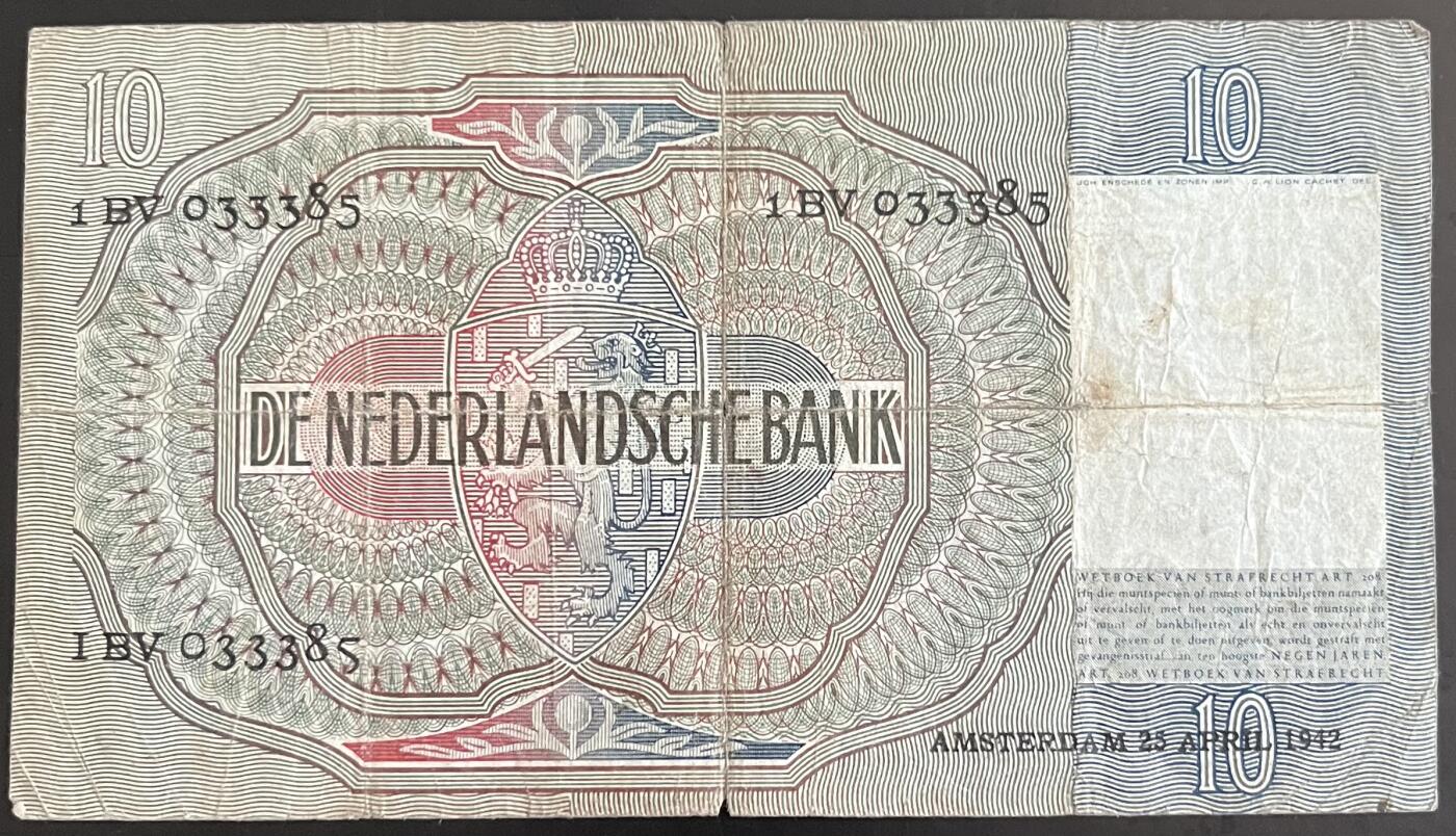 小福收藏拍卖第202期 流通品相裸钞 特惠场 本场全部为欧洲纸币【佣金仅收2% 不设最低佣金 全场包邮】 荷兰 1942年 10盾