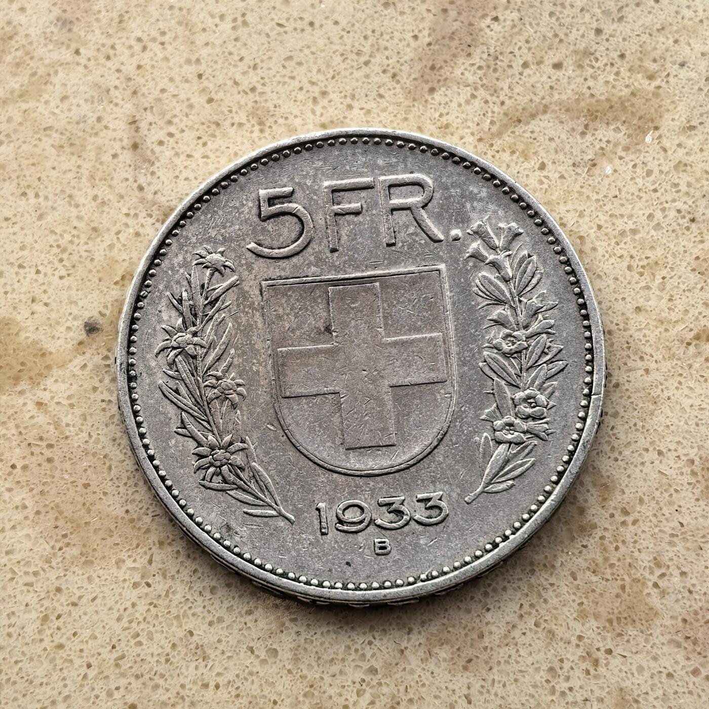 道一币馆币章第一百六十八场 瑞士1933年威廉退尔5法郎银币 15g 835S 