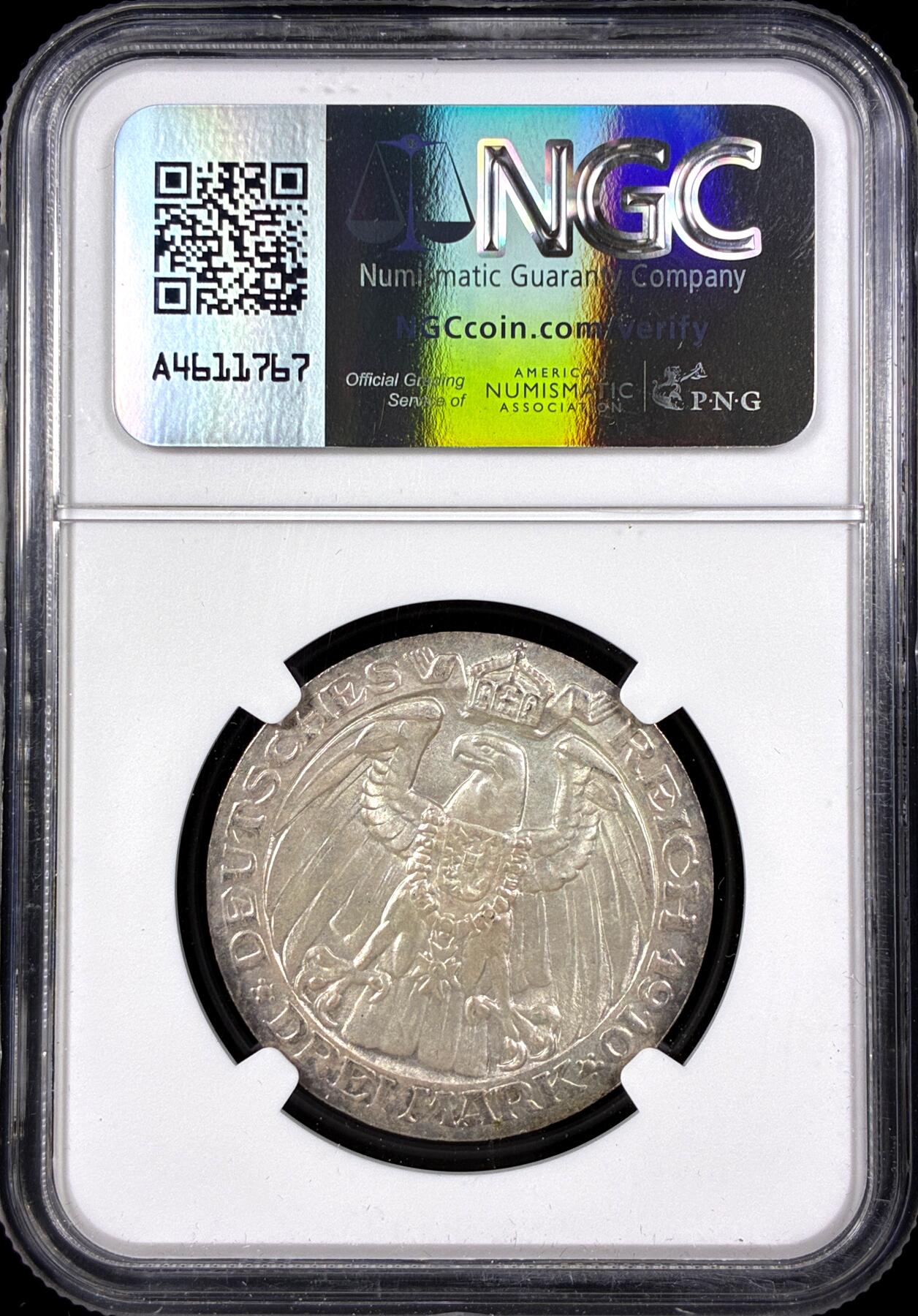 【雨安】【直播拍卖】【第0126期-评级币章】2026-03-07 周六 19:30 (金价1176, 银价22.16) [评级德国] Germany 德国 帝国 普鲁士 3马克 (1910) 柏林大学 1910年  NGC-MS61