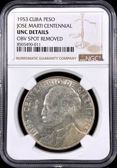 【雨安】【直播拍卖】【第0126期-评级币章】2026-03-07 周六 19:30 (金价1176, 银价22.16) - [评级美洲] Cuba 古巴 1比索 1953年 古巴名族英雄何塞·马蒂 KM# 29 [26.73 g., 0.900 Silver]  NGC-UNC