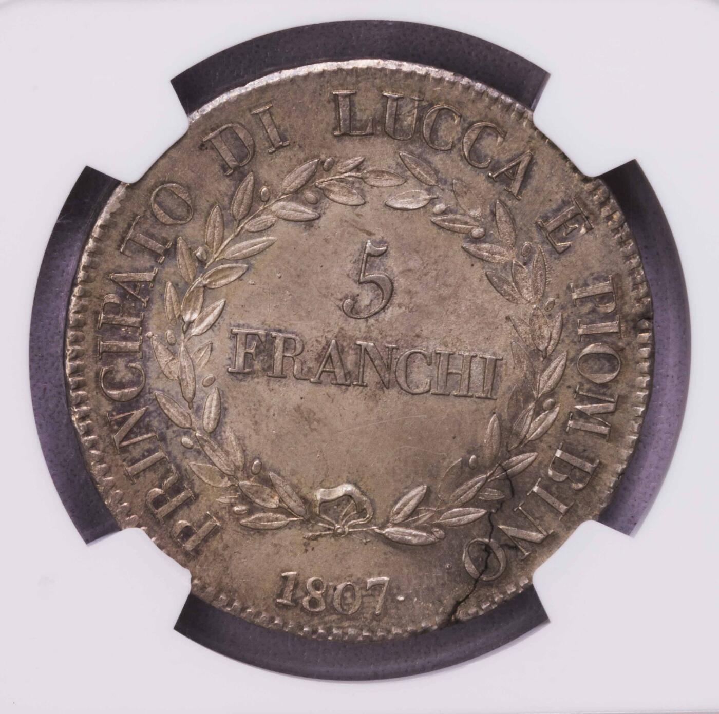 NGC-MS64+ 1807意大利卢卡5法郎大银币 唯一冠军分