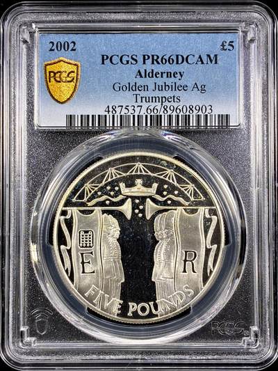 【雨安】【直播拍卖】【第0126期-评级币章】2026-03-07 周六 19:30 (金价1176, 银价22.16) - [评级现代] Alderney 奥尔德尼 5镑 2002年 伊丽莎白二世登基50周年 PCGS-PR66DCAM 精制币