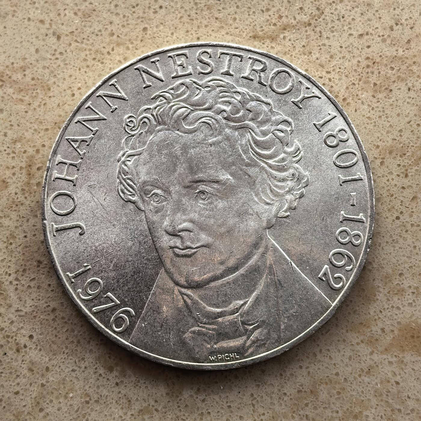 道一币馆币章第一百六十八场 奥地利1976年约翰内斯特洛伊诞辰175周年100先令纪念银币 24g 640s