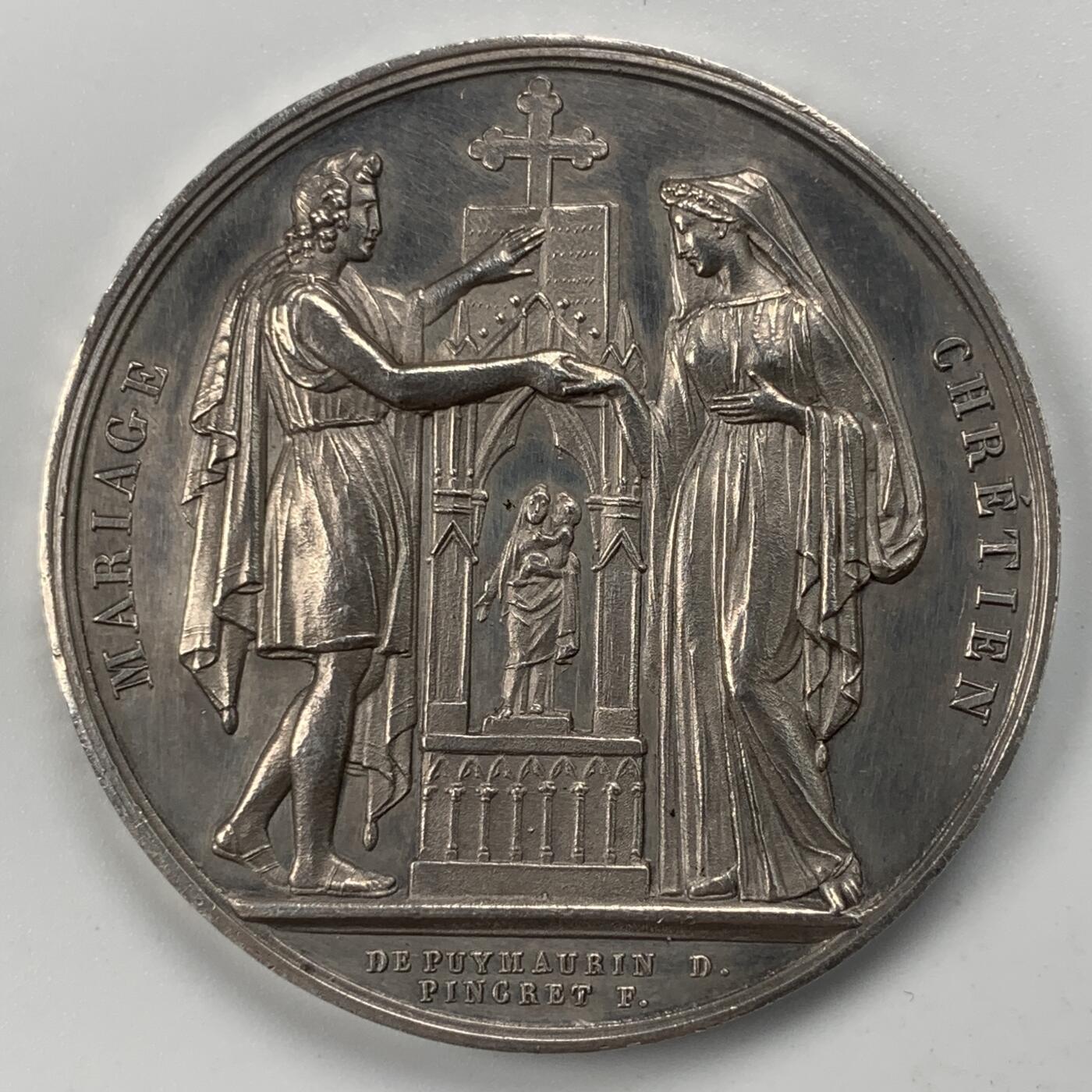 掌中浮雕-藏着的欧洲第053场 1839年法国古典银婚章，油灯边铭，41.5mm，32g