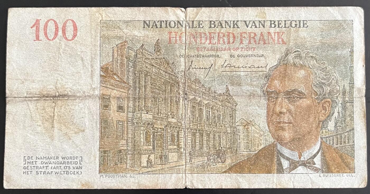 小福收藏拍卖第202期 流通品相裸钞 特惠场 本场全部为欧洲纸币【佣金仅收2% 不设最低佣金 全场包邮】 比利时 1959年 100法郎