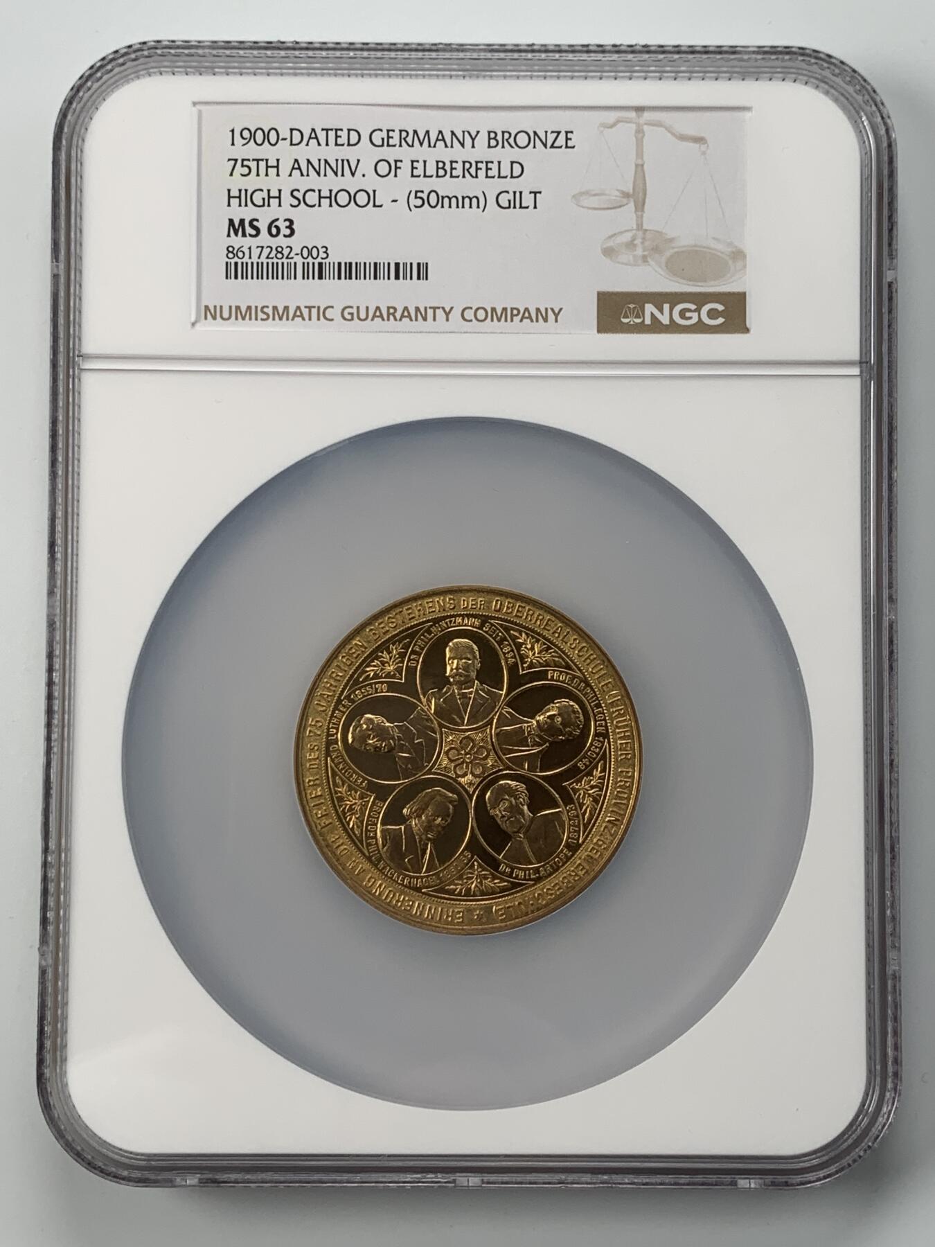掌中浮雕-藏着的欧洲第053场 NGC MS63 : 1900年德国埃尔德菲尔德高等实科学校建校75周年纪念镀金铜章, 50mm