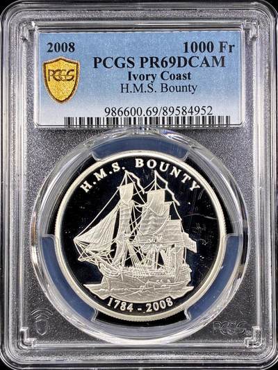 【雨安】【直播拍卖】【第0126期-评级币章】2026-03-07 周六 19:30 (金价1176, 银价22.16) - [评级现代] Ivory Coast 科特迪瓦 1000法郎 2008年 帆船英国皇家海军邦蒂号 PCGS-PR69DCAM 精制币