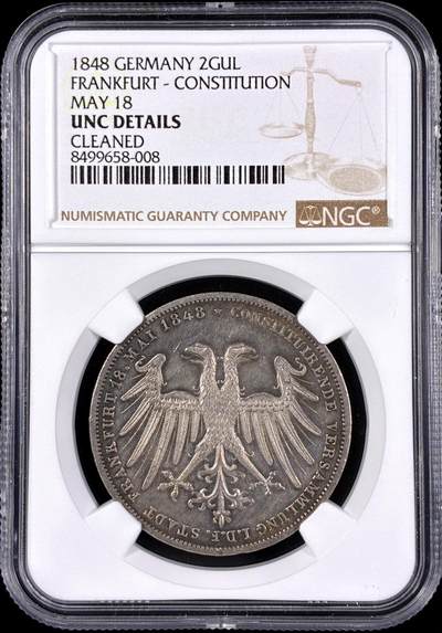 【雨安】【直播拍卖】【第0126期-评级币章】2026-03-07 周六 19:30 (金价1176, 银价22.16) - [评级德国] Germany 德国 德意志 2盾 Frankfurt法兰克福 Thun.135 KM#0338 (1848) 奥地利大公 1848年  NGC-UNC 深打