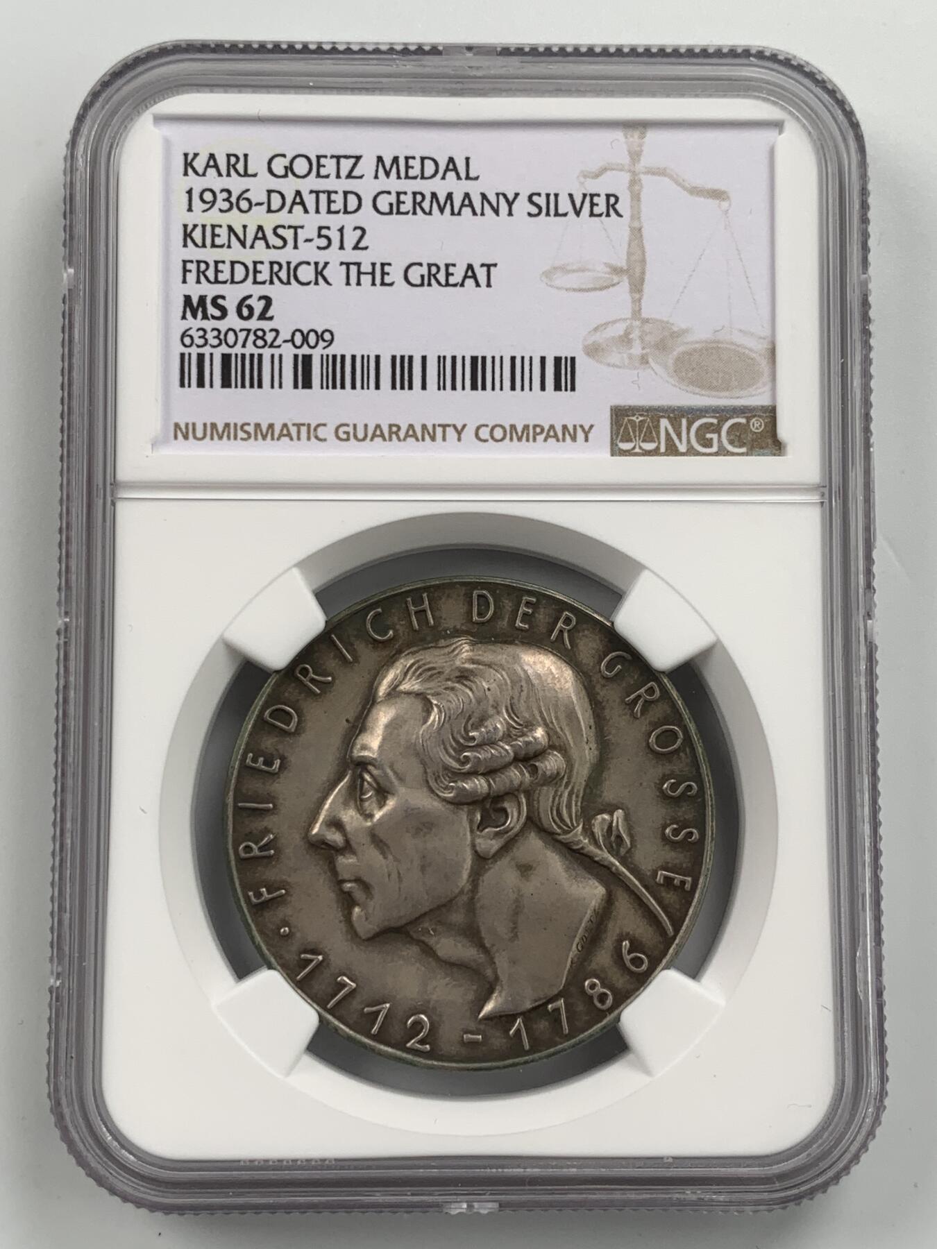 掌中浮雕-藏着的欧洲第053场 NGC MS62 ：1936年德国民族社会主义工人党纪念腓特烈二世大帝逝世150周年银章 ，36mm，卡尔哥茨作品