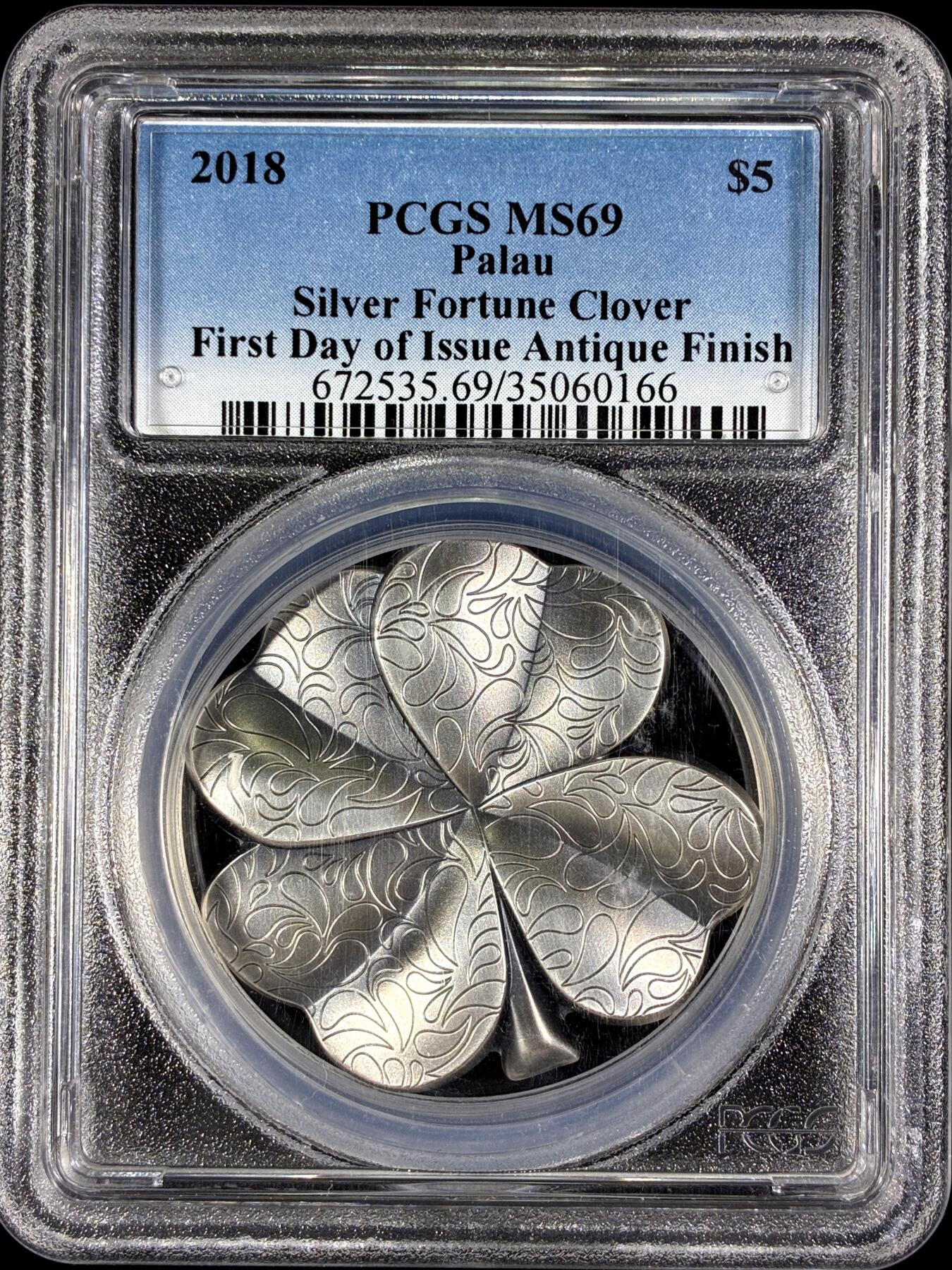 【雨安】【直播拍卖】【第0126期-评级币章】2026-03-07 周六 19:30 (金价1176, 银价22.16) [评级现代] Palau 帕劳 5元 2018年 银色幸运三叶草  PCGS-MS69