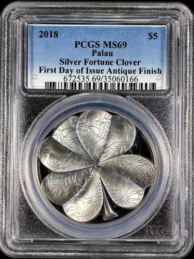 【雨安】【直播拍卖】【第0126期-评级币章】2026-03-07 周六 19:30 (金价1176, 银价22.16) - [评级现代] Palau 帕劳 5元 2018年 银色幸运三叶草  PCGS-MS69
