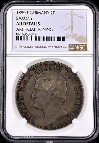 【雨安】【直播拍卖】【第0126期-评级币章】2026-03-07 周六 19:30 (金价1176, 银价22.16) - [评级德国] Germany 德国 德意志 2泰勒 Saxony萨克森 Thun.338 KM#1195 (1857-1859) 约翰.小纹章 1859年  NGC-AU