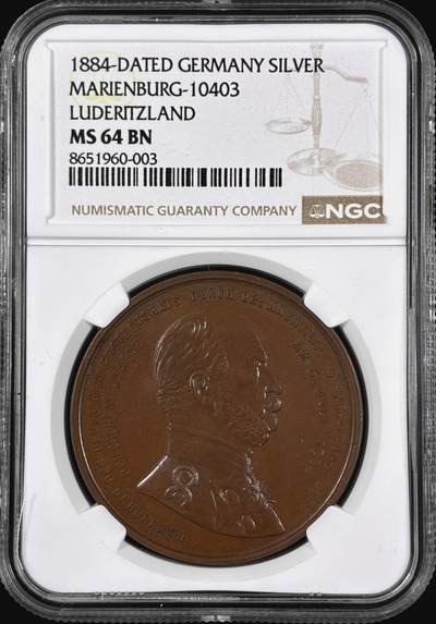 【雨安】【直播拍卖】【第0126期-评级币章】2026-03-07 周六 19:30 (金价1176, 银价22.16) - [评级章] Germany [章] 德国 1884年 德属纳米比亚吕德里茨殖民地 背景观 铜章