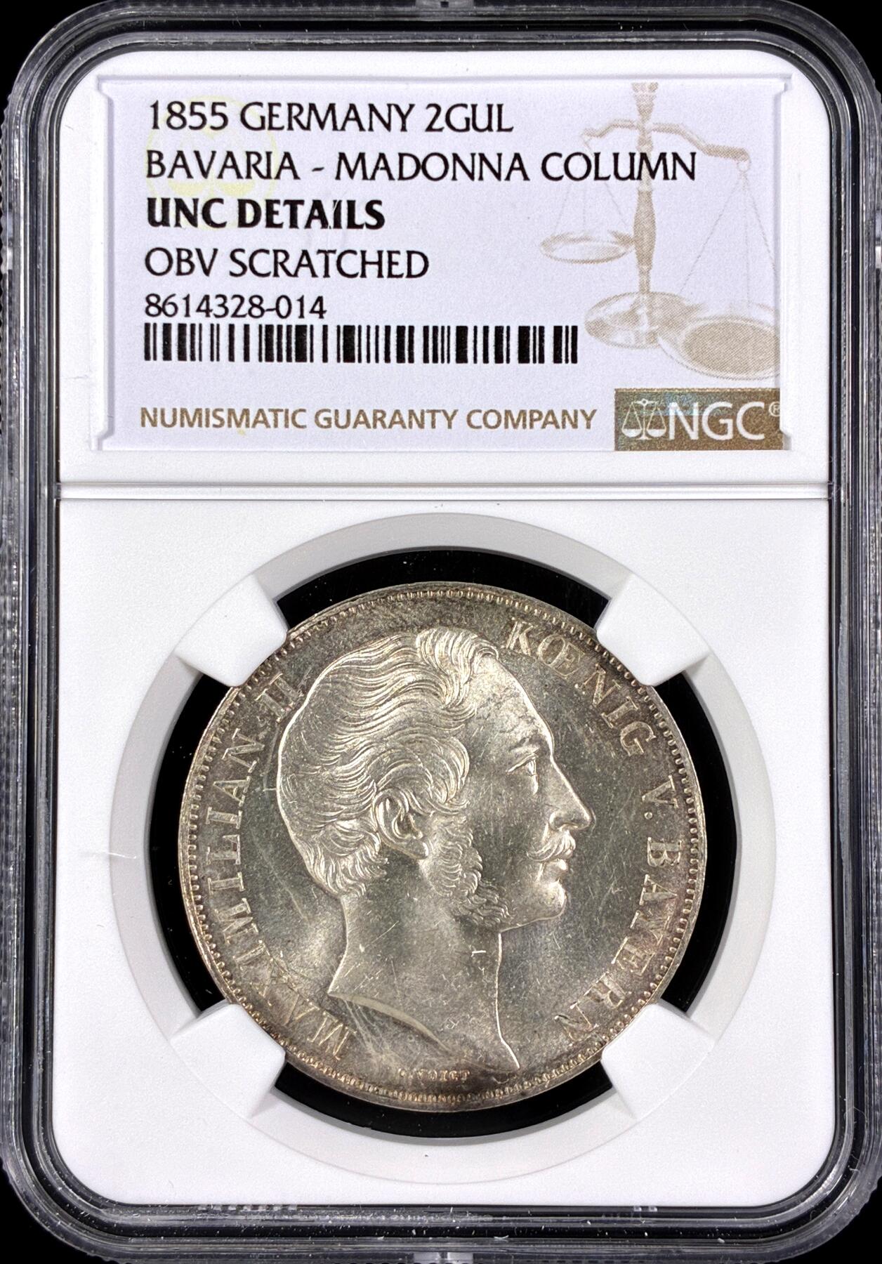 【雨安】【直播拍卖】【第0126期-评级币章】2026-03-07 周六 19:30 (金价1176, 银价22.16) [评级德国] Germany 德国 德意志 2盾 Bavaria巴伐利亚 Thun.097 KM#0848 (1855) 圣母抱婴 1855年  NGC-UNC 暴光 严评