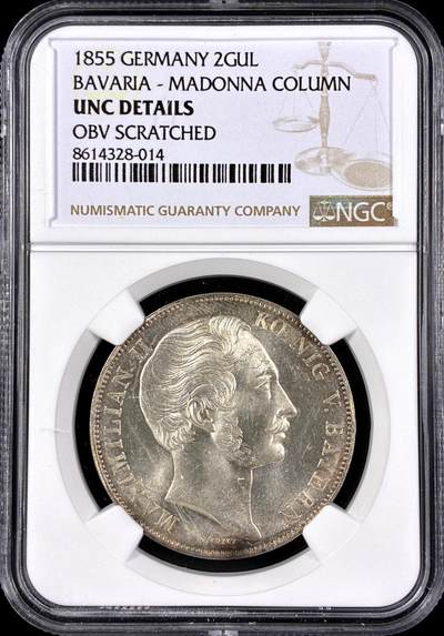 【雨安】【直播拍卖】【第0126期-评级币章】2026-03-07 周六 19:30 (金价1176, 银价22.16) - [评级德国] Germany 德国 德意志 2盾 Bavaria巴伐利亚 Thun.097 KM#0848 (1855) 圣母抱婴 1855年  NGC-UNC 暴光 严评