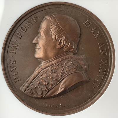 掌中浮雕-藏着的欧洲第053场 - NGC MS63 : 1871年梵蒂冈教皇庇护九世，西斯廷教堂铜章，44mm