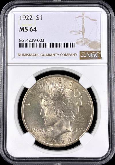 【雨安】【直播拍卖】【第0126期-评级币章】2026-03-07 周六 19:30 (金价1176, 银价22.16) - [评级美洲] USA 美国 1美元 (1921-1935) 和平鸽 1922年  NGC-MS64