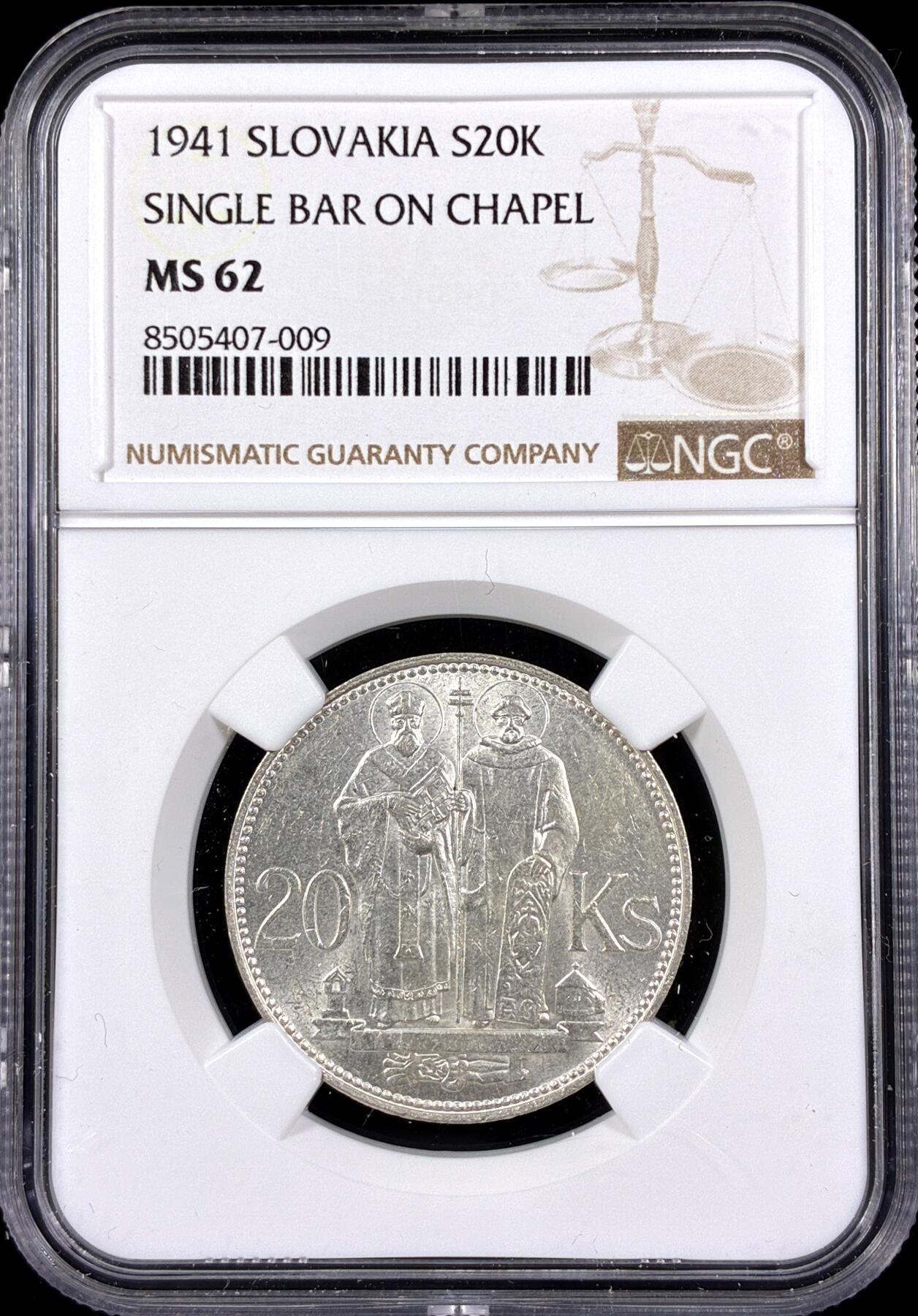 【雨安】【直播拍卖】【第0126期-评级币章】2026-03-07 周六 19:30 (金价1176, 银价22.16) [评级欧洲] Slovakia 斯洛伐克 20克朗 1941年  NGC-MS62