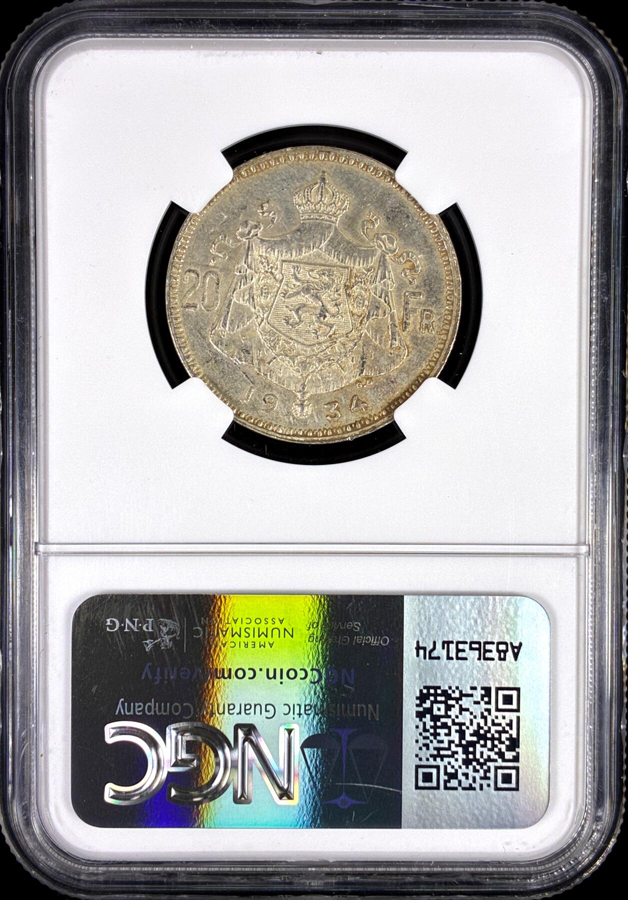 【雨安】【直播拍卖】【第0126期-评级币章】2026-03-07 周六 19:30 (金价1176, 银价22.16) [评级欧洲] Belgium 比利时 20法郎 1934年 阿尔贝托  NGC-UNC