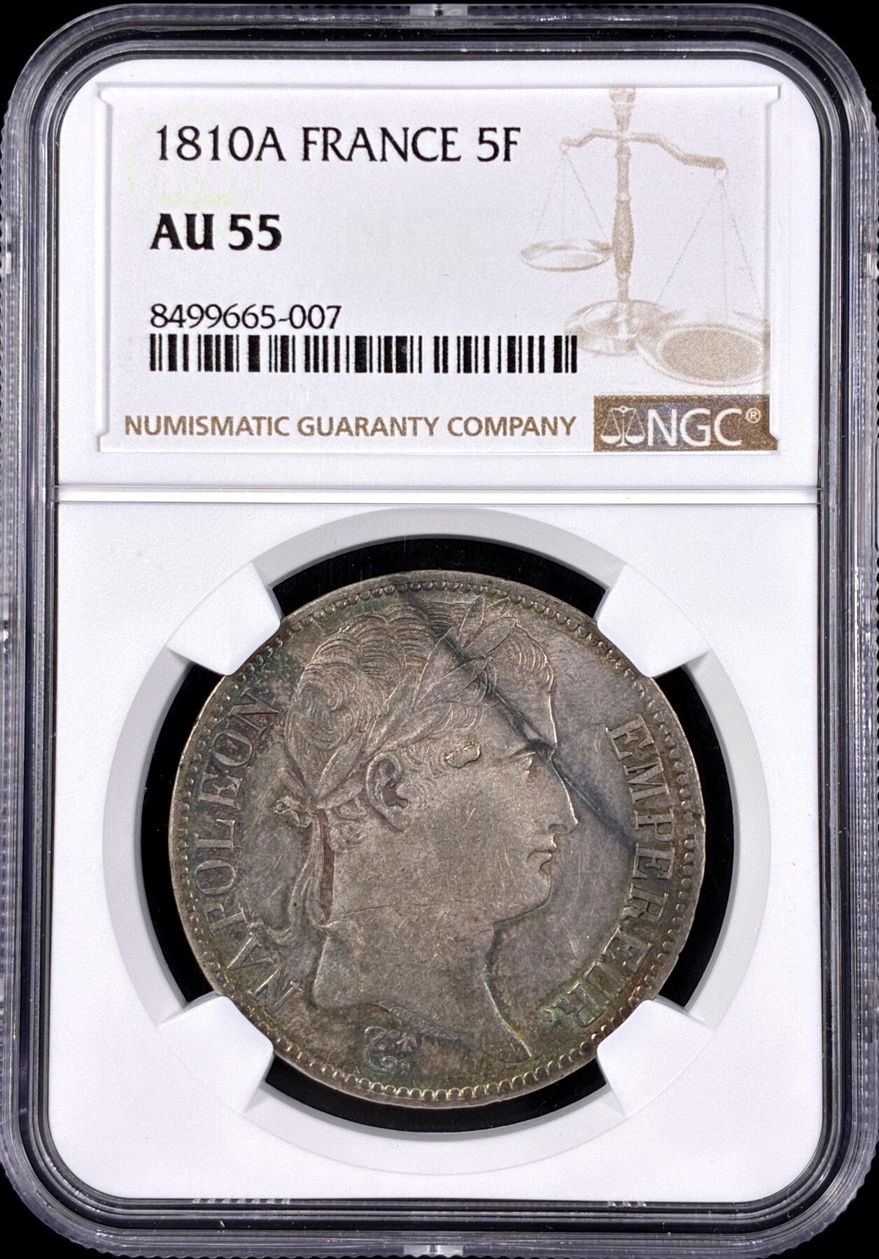 【雨安】【直播拍卖】【第0126期-评级币章】2026-03-07 周六 19:30 (金价1176, 银价22.16) [评级法国] France 法国 5法郎 KM#0694 (1809-1814) 拿破仑一世 1810年  NGC-AU55 原味欧洲淡彩包浆