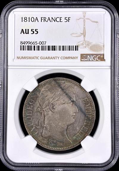 【雨安】【直播拍卖】【第0126期-评级币章】2026-03-07 周六 19:30 (金价1176, 银价22.16) - [评级法国] France 法国 5法郎 KM#0694 (1809-1814) 拿破仑一世 1810年  NGC-AU55 原味欧洲淡彩包浆