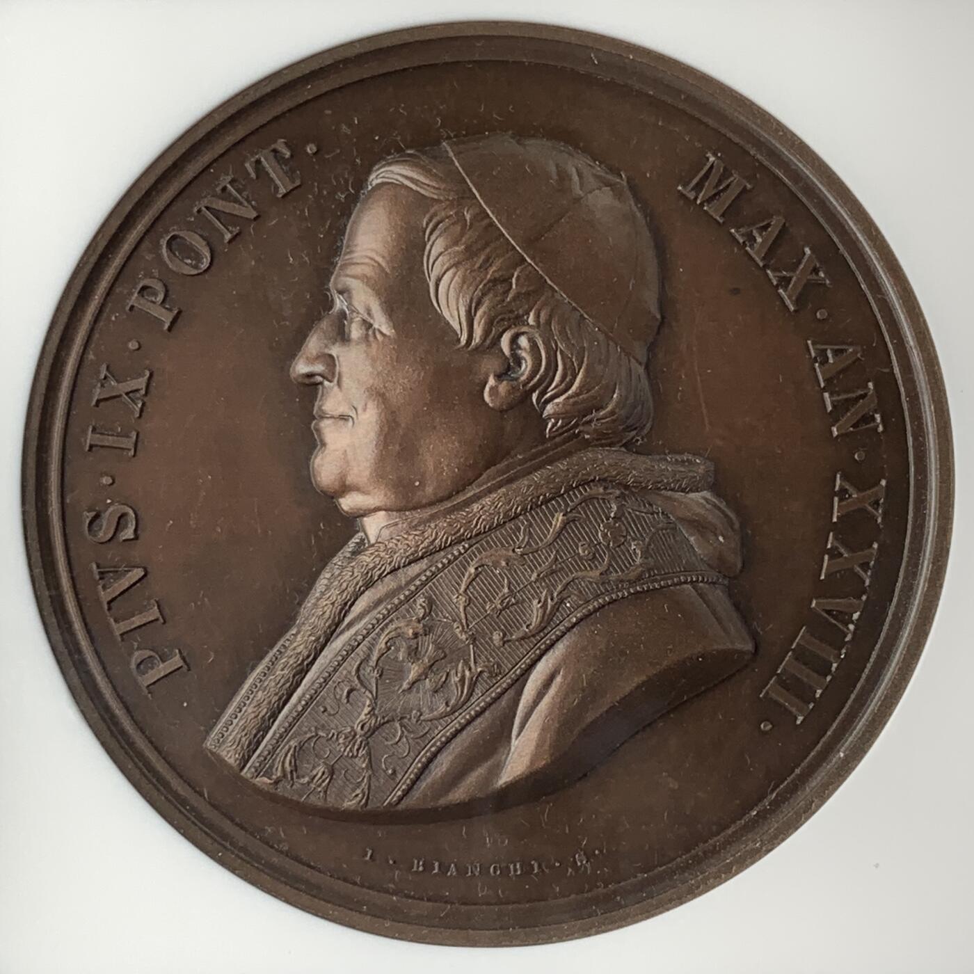 掌中浮雕-藏着的欧洲第053场 NGC MS64 : 1873年圣劳伦提乌斯教堂修复纪念铜章，教皇庇护九世（1846-1878年在位），44mm