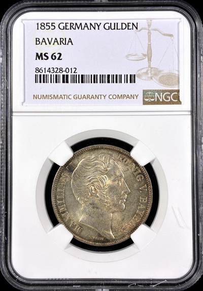 【雨安】【直播拍卖】【第0126期-评级币章】2026-03-07 周六 19:30 (金价1176, 银价22.16) - [评级德国] Germany 德国 德意志 1盾 Bavaria巴伐利亚 KM#0826 (1848-1864) 马克西米利安二世 1855年  NGC-MS62 黄油光